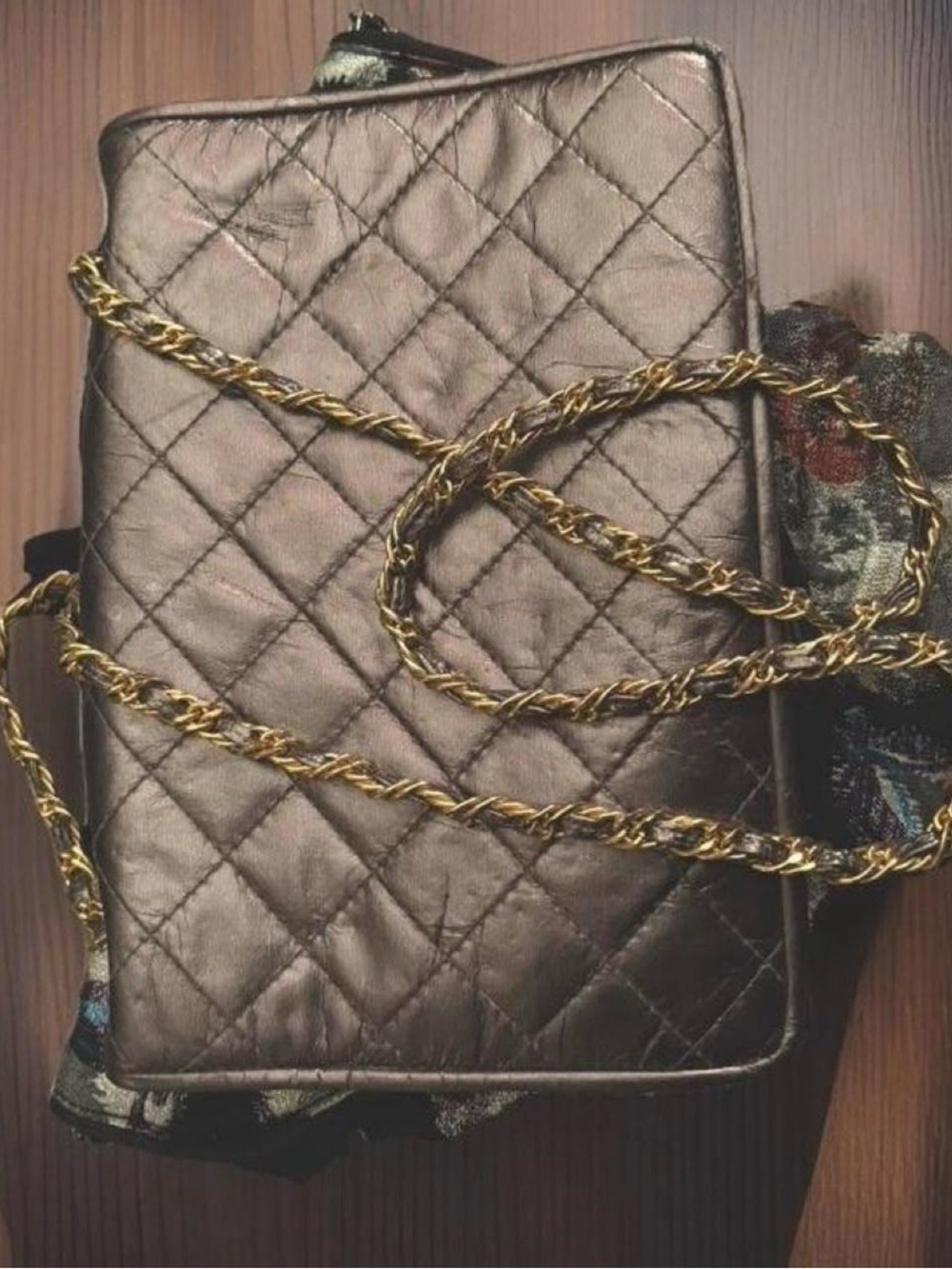 Quilted Metallic Bronze Crossbody Bag with Gold Chain